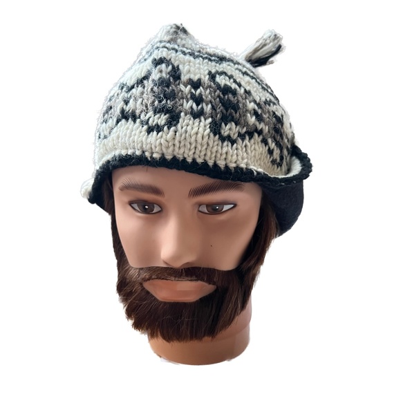 Nepal Wool Trapper HAT Tassels Nordic Knit Pattern Winter Ear Flaps Cream Brown - Picture 5 of 6